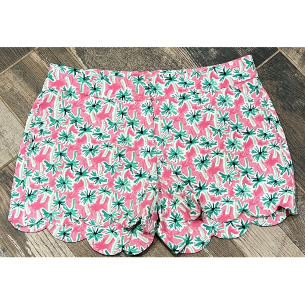 Crown & Ivy Womens Shelby Shorts Pink Green Palm Trees Scalloped Size 4 Waist 30